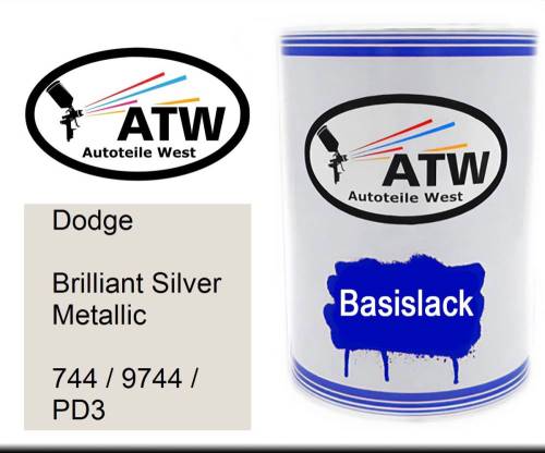 Dodge, Brilliant Silver Metallic, 744 / 9744 / PD3: 500ml Lackdose, von ATW Autoteile West.